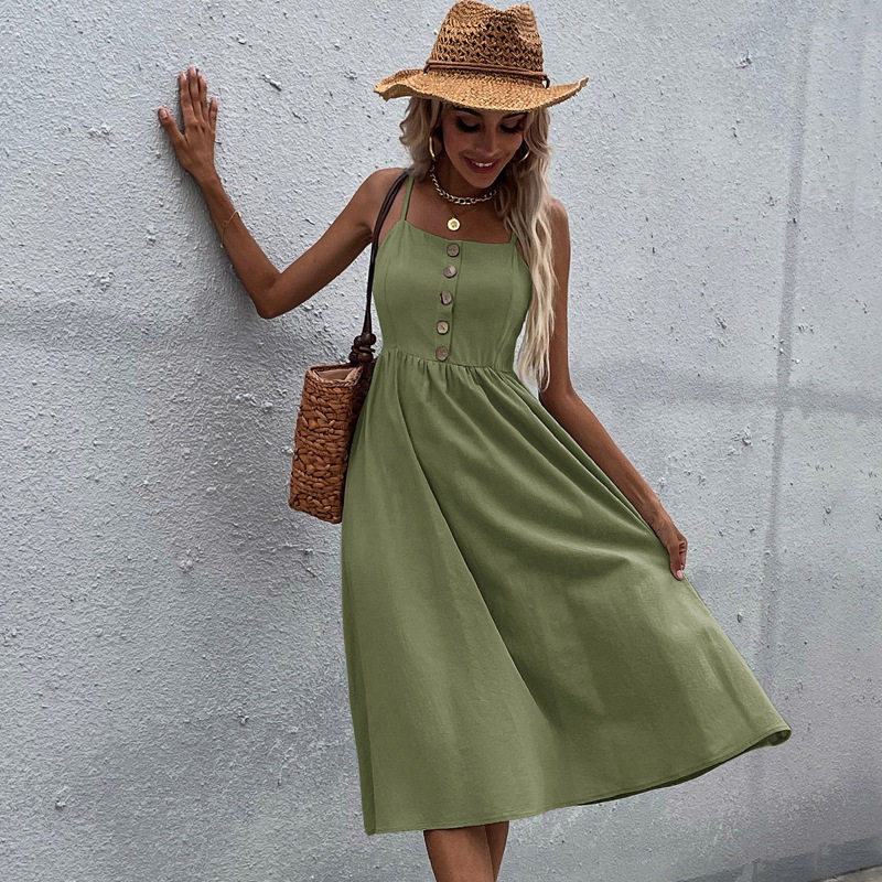 Summer Womens Casual Dress Slim Fit Solid Color Cotton Linen Blend Spaghetti Straps Perfect for Beach or Party
