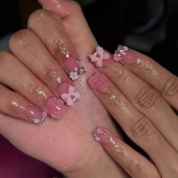 Cross-border wearable armor new pink camellia pink rhinestone flash short square nail art wholesale