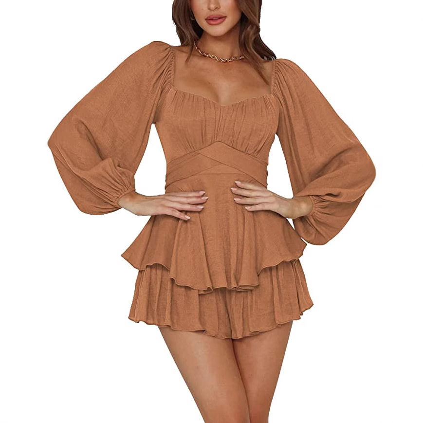 Womens Ruffled Jumpsuit Lantern Long Sleeves Square Neck Waist Cinching Chic Style Summer Casual Wear Wholesale