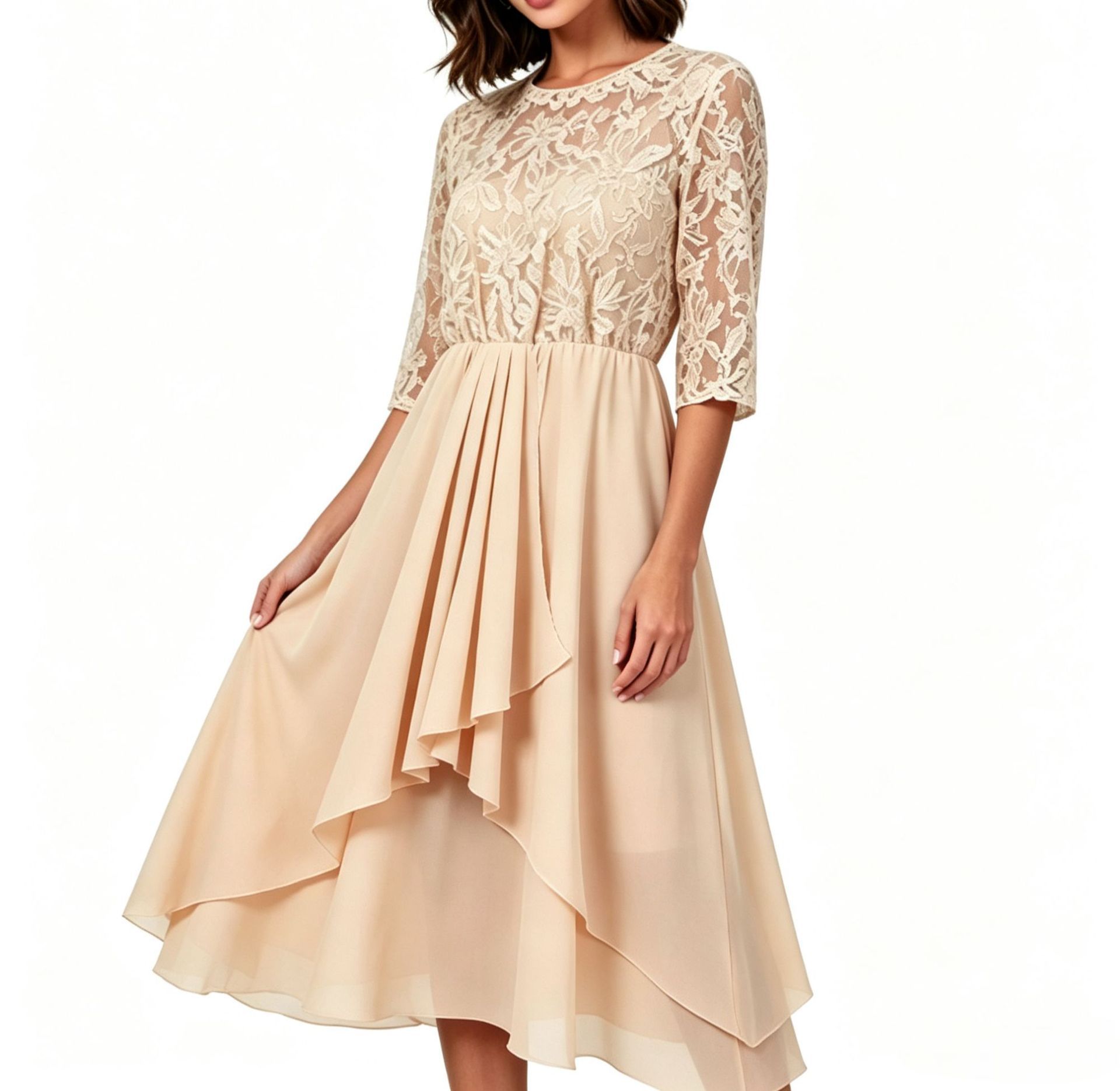 Lace Chiffon Dress Round Neck Irregular Hem Summer Style Perfect for Parties and Events Wholesale Available