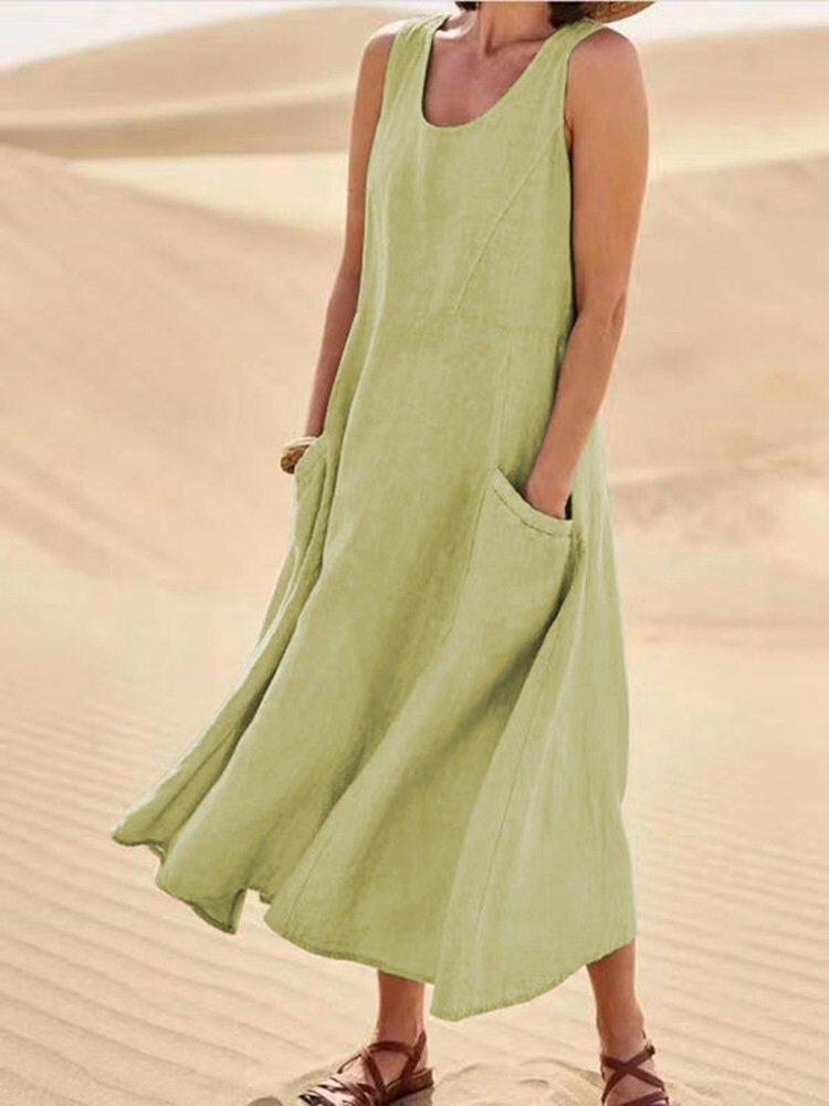Summer Womens Cotton Linen Dress Sleeveless Round Neck Pocket Design Casual Wear for Everyday Use Wholesale