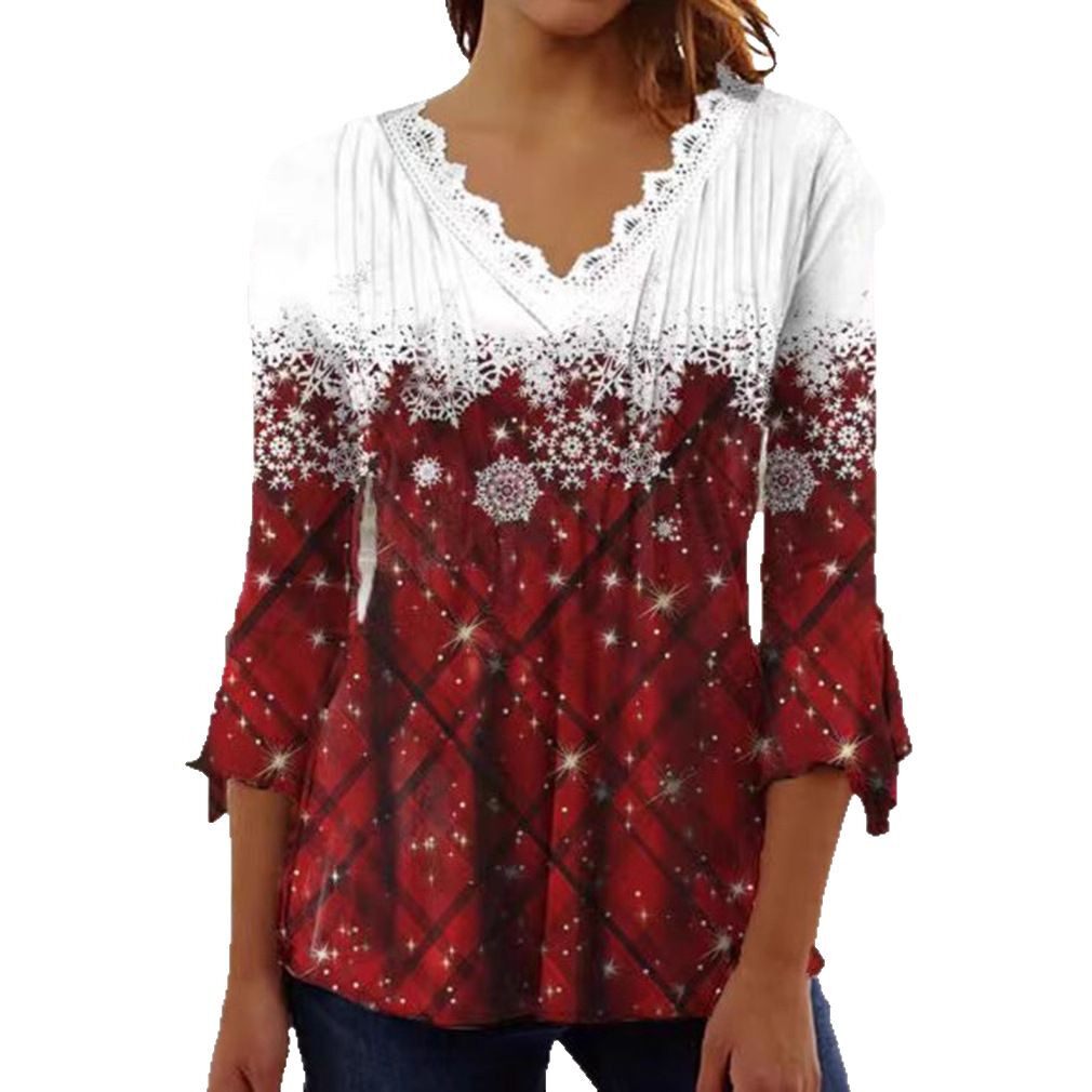 V Neck Long Sleeve Top Snowflake Print Plaid Design Autumn Winter Style Wholesale Available bulk order
