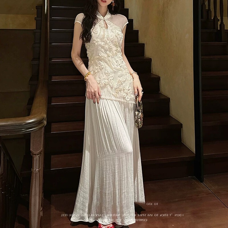 Đầm dáng suông nữ cổ sườn xám phối màu thanh lịch — Hồng đào, Mễ Hạnh, Xanh rêu đậm