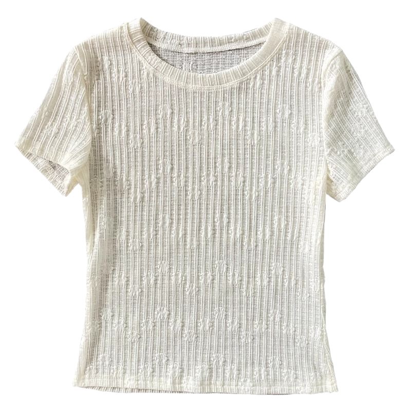 Lace Short Sleeve Womens T Shirt Lightweight Round Neck Sheer Fabric Stylish Summer Layering Top Wholesale