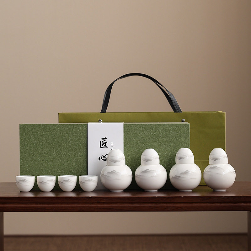 Gourd Wine Set Ceramic Jade Wine Bottle Liquor Cup Decanter Gift Box Set Flask Shot Glass Spirit Glass