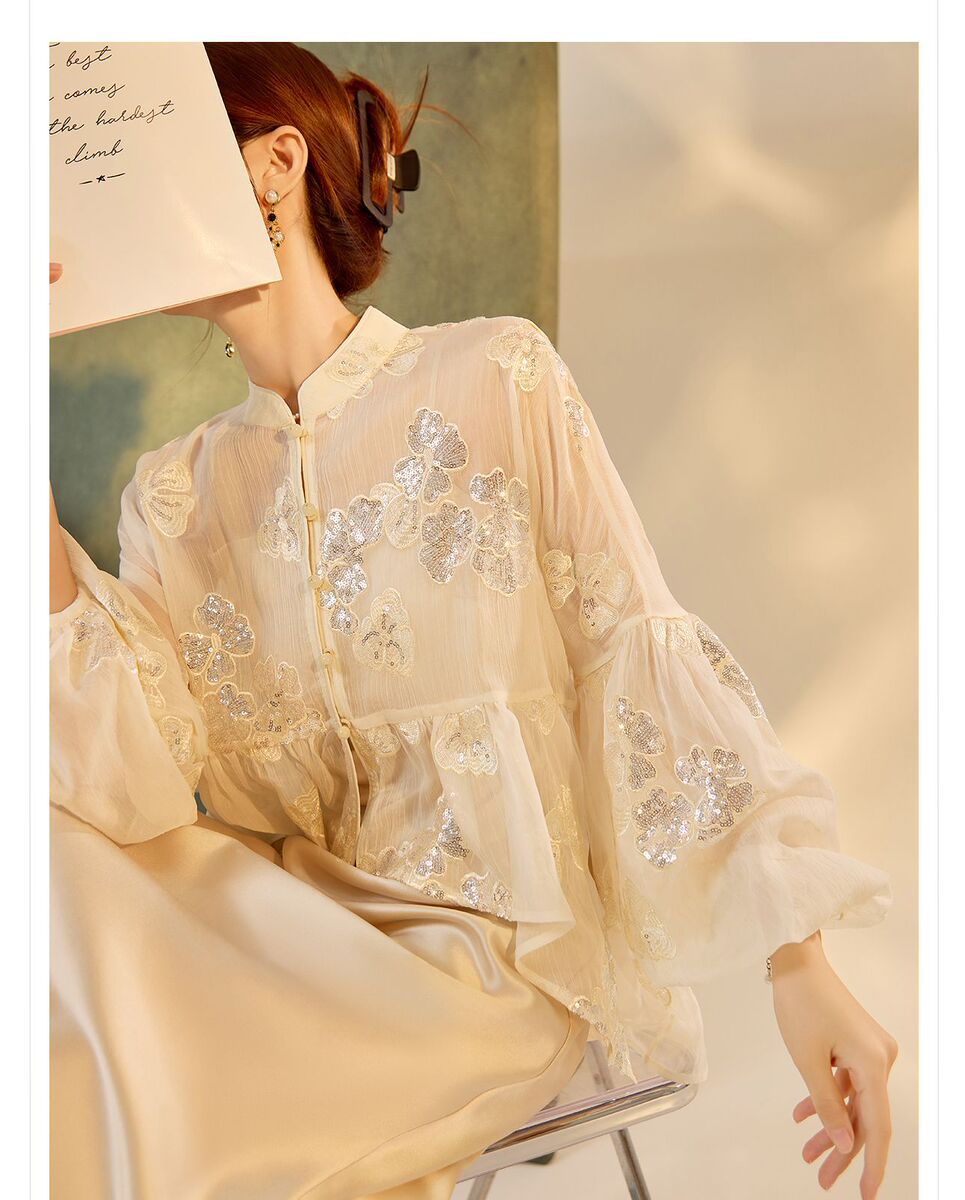 Set áo khoác tay lồng đèn thêu hoa kèm đầm hai dây dáng dài — Áo sequin (giao hàng trong 7 ngày), Váy yếm (giao hàng trong 7 ngày), Váy yếm (giao hàng trong ngày)