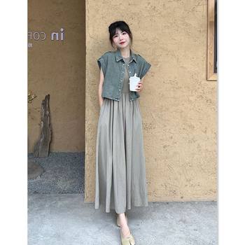 Korean Style Retro Denim Short-Sleeved Shirt Jacket for Women Summer Sexy Slim Sleeveless Vest Dress Two-Piece Suit