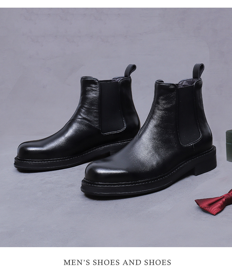 Giày boot Chelsea nam da bò thật cổ thấp đế dày phong cách công sở — đen