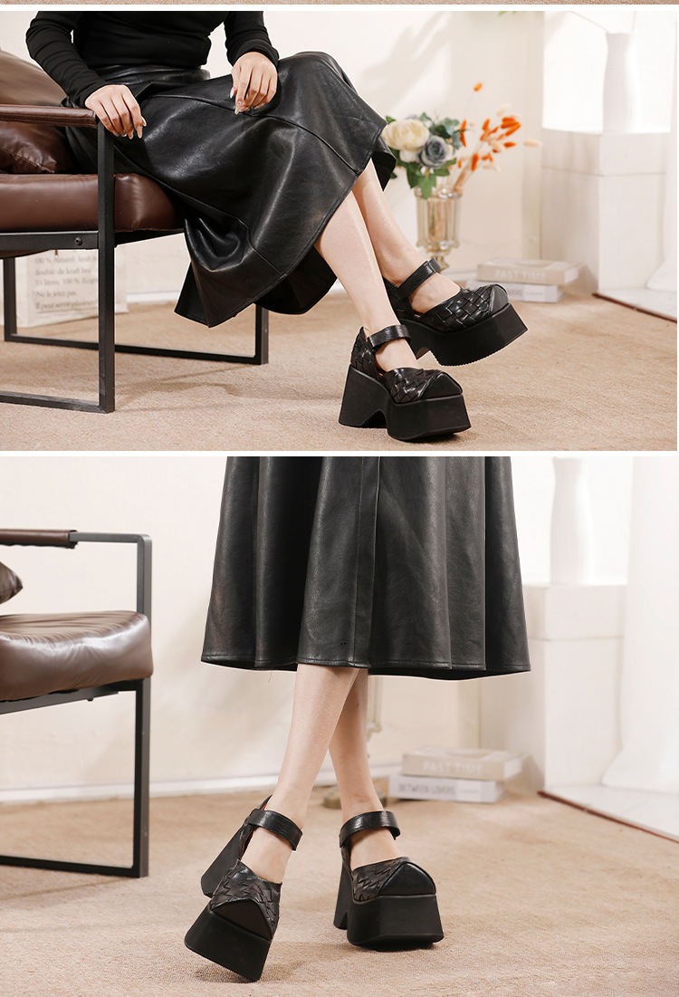 Sandal nữ quai ngang đế dày mũi vuông bằng da bò thật — màu đen, Xanh lá cây