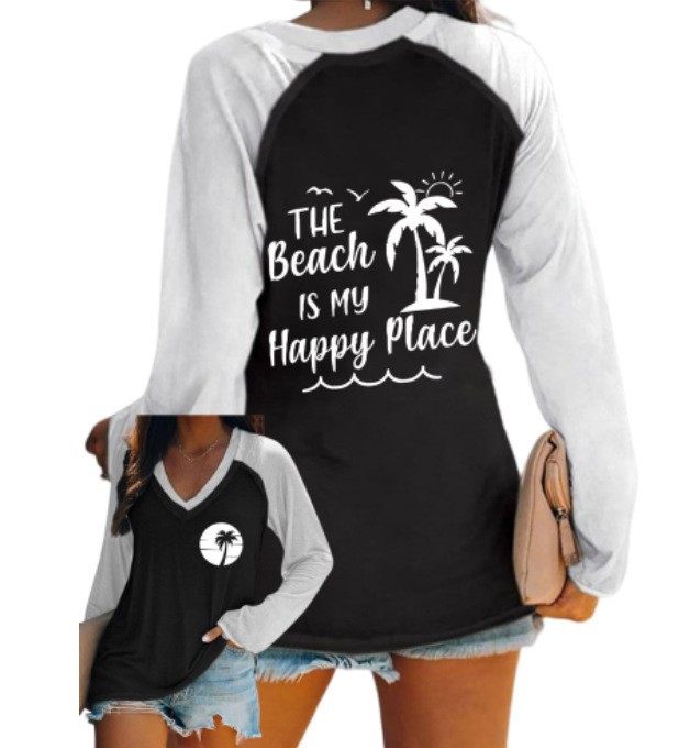 外贸跨境夏季女装简约休闲v领长袖T恤印花T恤女 独立站厂家货源