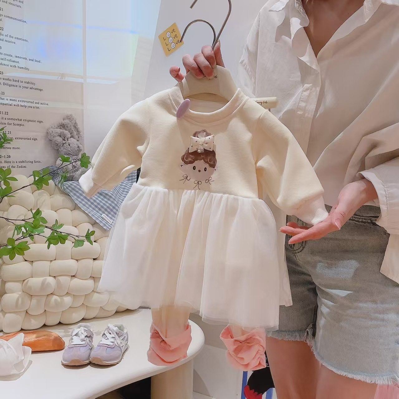 Girls' Cartoon Set, New Autumn Baby Mesh Patchwork Hoodie & Stacked Leggings Two-Piece Outfit