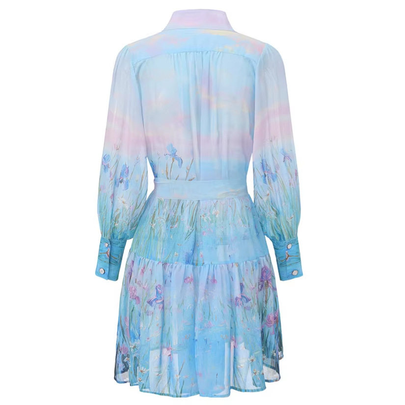 Vintage Floral Print Lantern Sleeve Dress for Women Summer Slim Fit Ruffled Hem A Line Silhouette Casual Wear