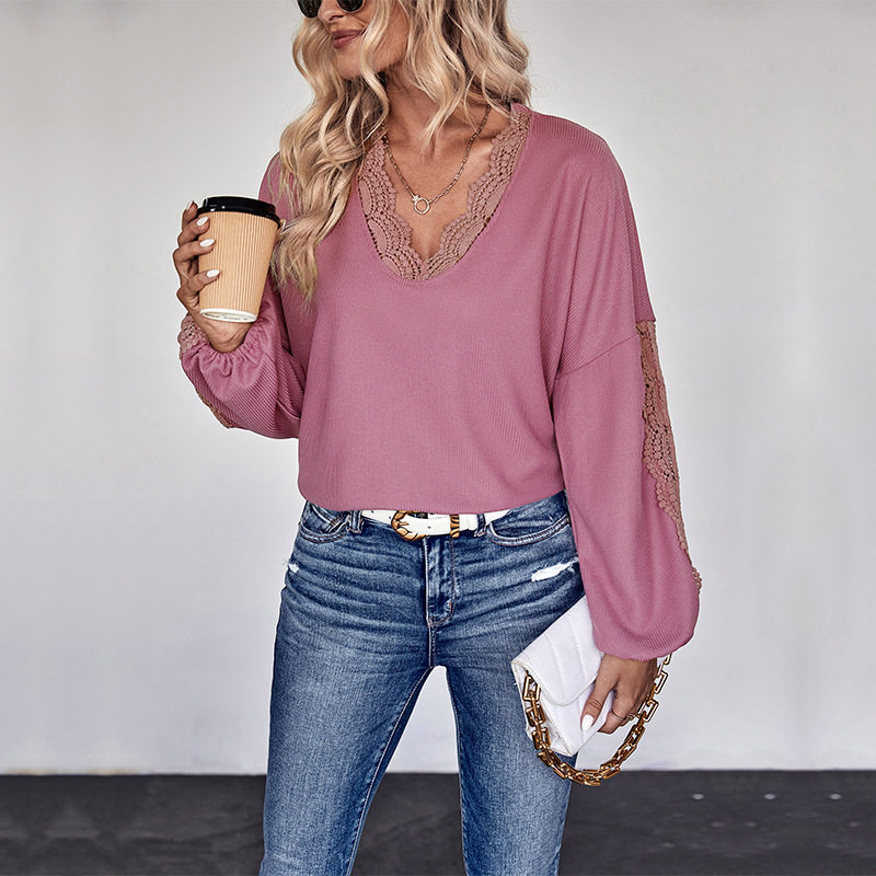 Lace V Neck Long Sleeve Top Solid Color Autumn Style European and American Fashion Wholesale Available