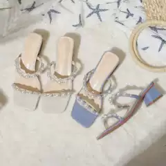 Fuhao Pearl Ankle Strap Women's Chunky Heel Sandals 2022 New High Heels Women's Mules Square Toe heels