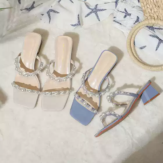 Fuhao Pearl Ankle Strap Women's Chunky Heel Sandals 2022 New High Heels Women's Mules Square Toe heels