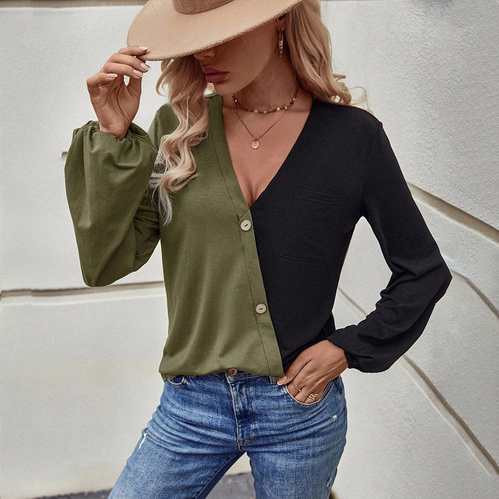 Womens Color Block Long Sleeve T Shirt Loose Fit Pocket Design Casual Style Perfect for Everyday Wear Wholesale