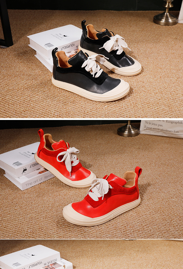Giày sneaker nữ da bò thật đế bằng dáng thấp thoải mái — đen, màu đỏ