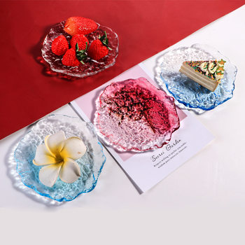 Transparent pink ice cream glass plate large creative dessert fruit plate breakfast salad plate household dessert plate