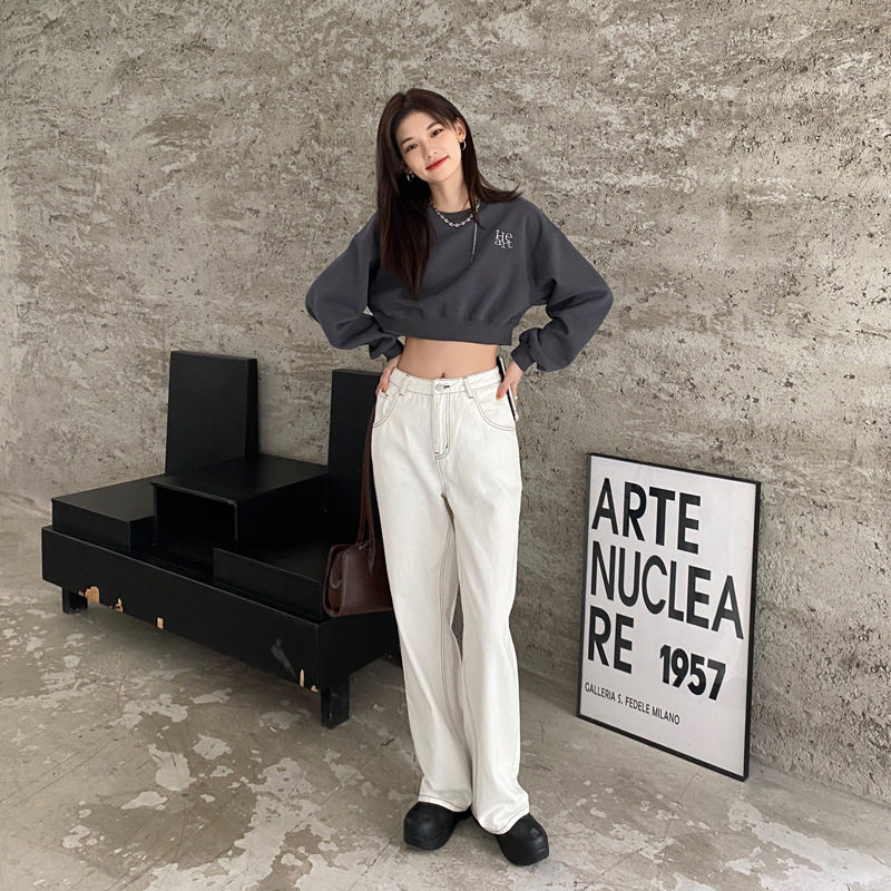 High Waisted White Denim Jeans for Women Vintage American Style Loose Fit Straight Leg Casual Spring and Autumn Wear
