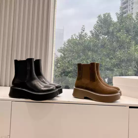 Guan goods pure original ~ Chelsea thick sole heightening chimney boots elastic leather stitching waterproof platform tube Martin boots women