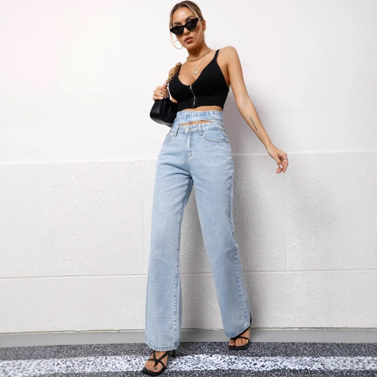 High Waisted Wide Leg Jeans Summer Style Tie Design Washed Fabric Casual Wear for Women Ready to Ship
