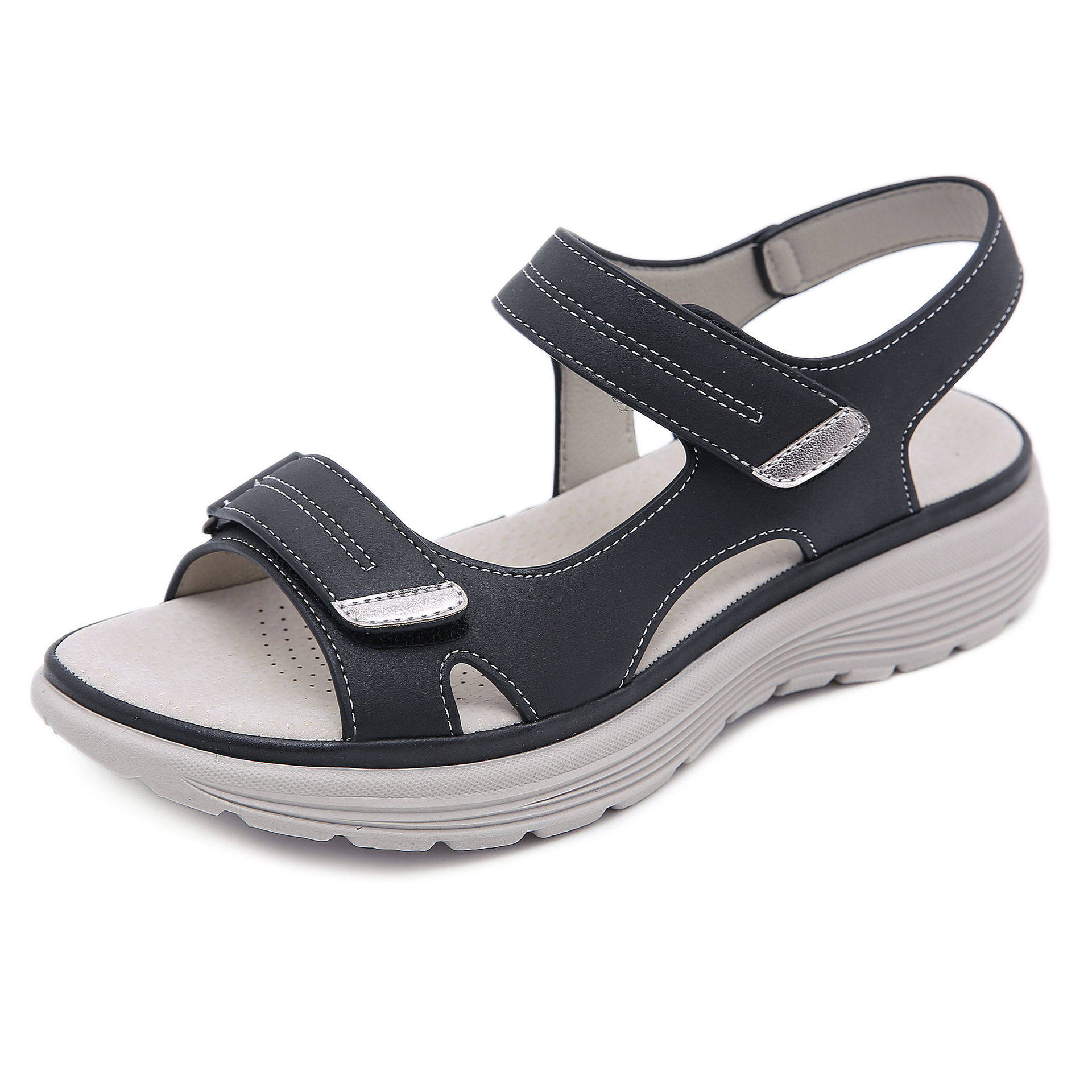 Summer 2026 New Style Genuine Leather Sandals for Women, Sporty Wedge Heels, Lightweight Velcro Large Size Slippers for Women, One-Piece Drop Shipping