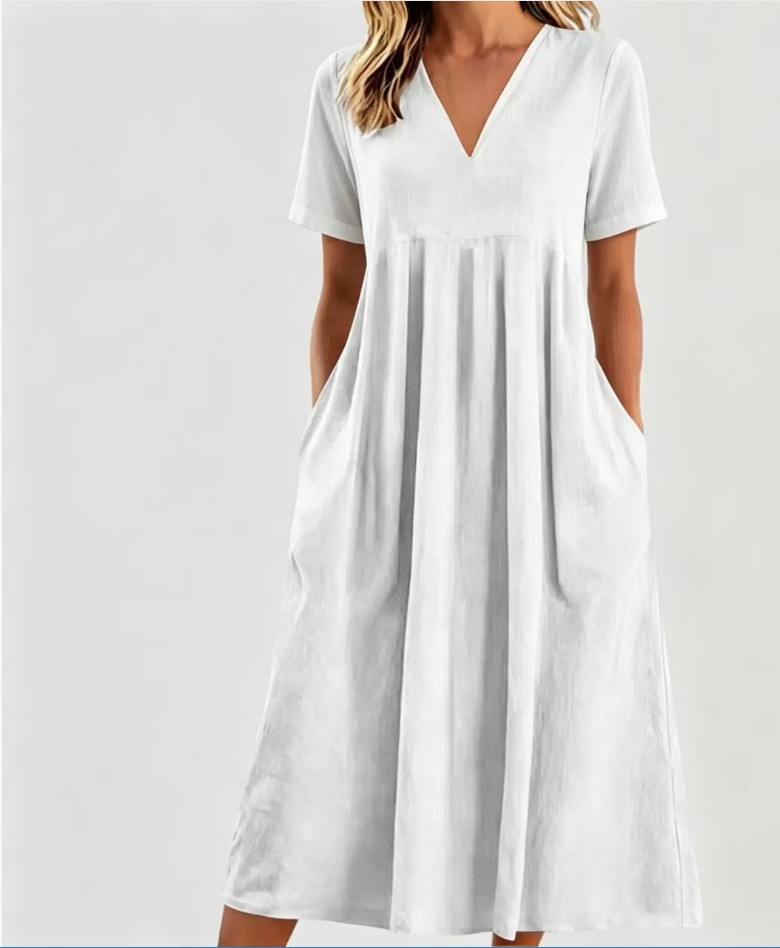 Womens Casual Loose V Neck Short Sleeve Dress Solid Color Spring Summer Style Wholesale Availability