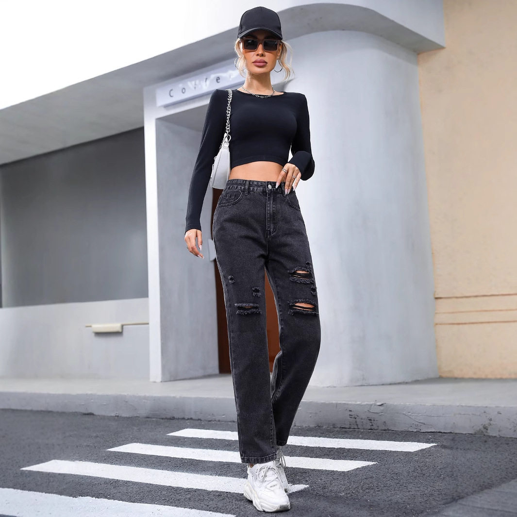 Slim Fit Ripped Straight Leg Jeans Womens Casual Denim Trousers Trendy for Everyday Wear Ready to Ship