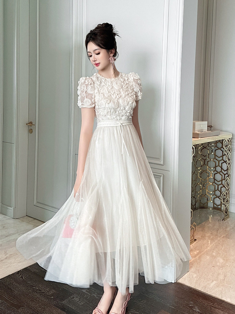 Đầm suông nữ tay ngắn cổ tròn chất liệu lưới voan phối ren nổi 3D — [Hồng], [Mơ]