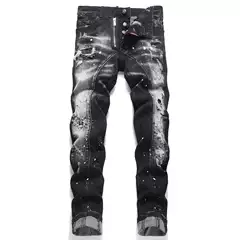 European and American 2025 Punk Men's Skinny Jeans Black Ripped Patchwork Slim Mid-Rise Pants D4057