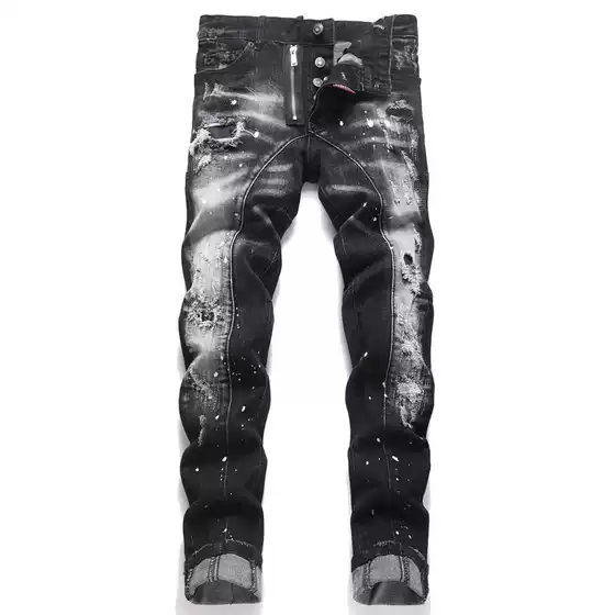 European and American 2025 Punk Men's Skinny Jeans Black Ripped Patchwork Slim Mid-Rise Pants D4057