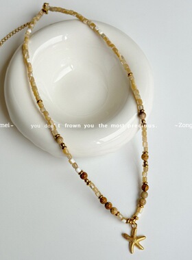 天然贝壳配饰彩色贝壳圆柱石头海星吊坠项链时尚短项链通体钛钢