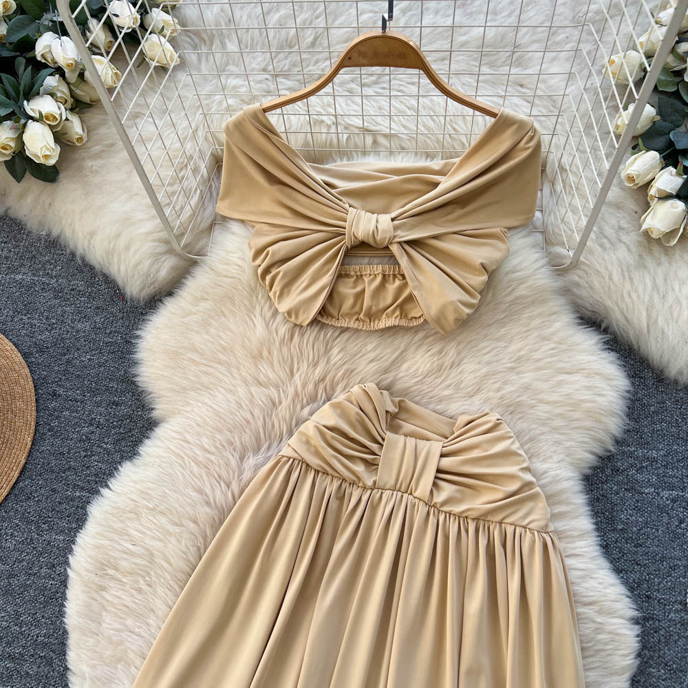 French Style Off Shoulder Crop Top and Ruched Maxi Skirt Set Spring Collection Sexy Vacation Ready Wholesale Available