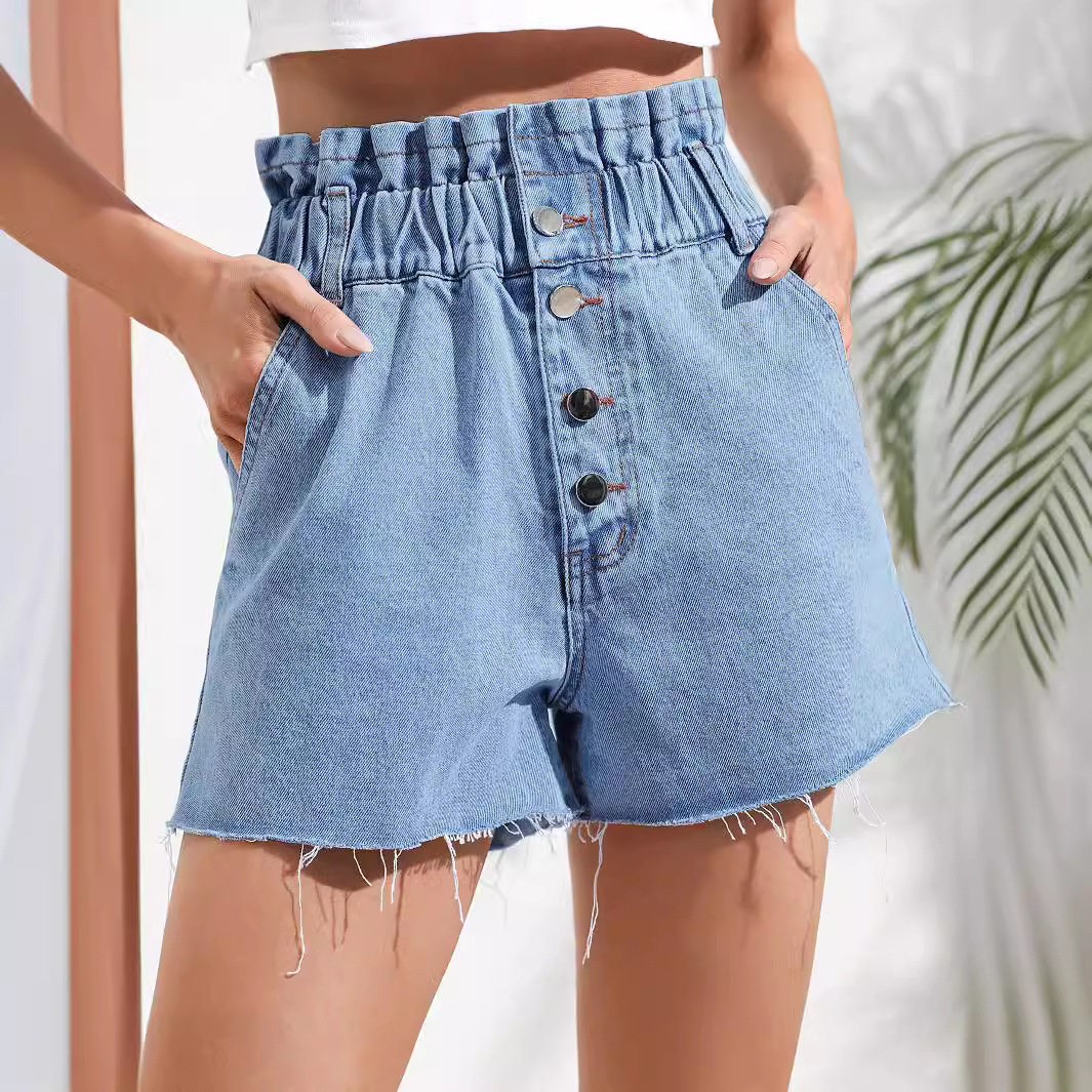High Waisted Loose Fit Denim Shorts Frayed Hem Fashionable Style Womens Casual Wear Ready to Ship