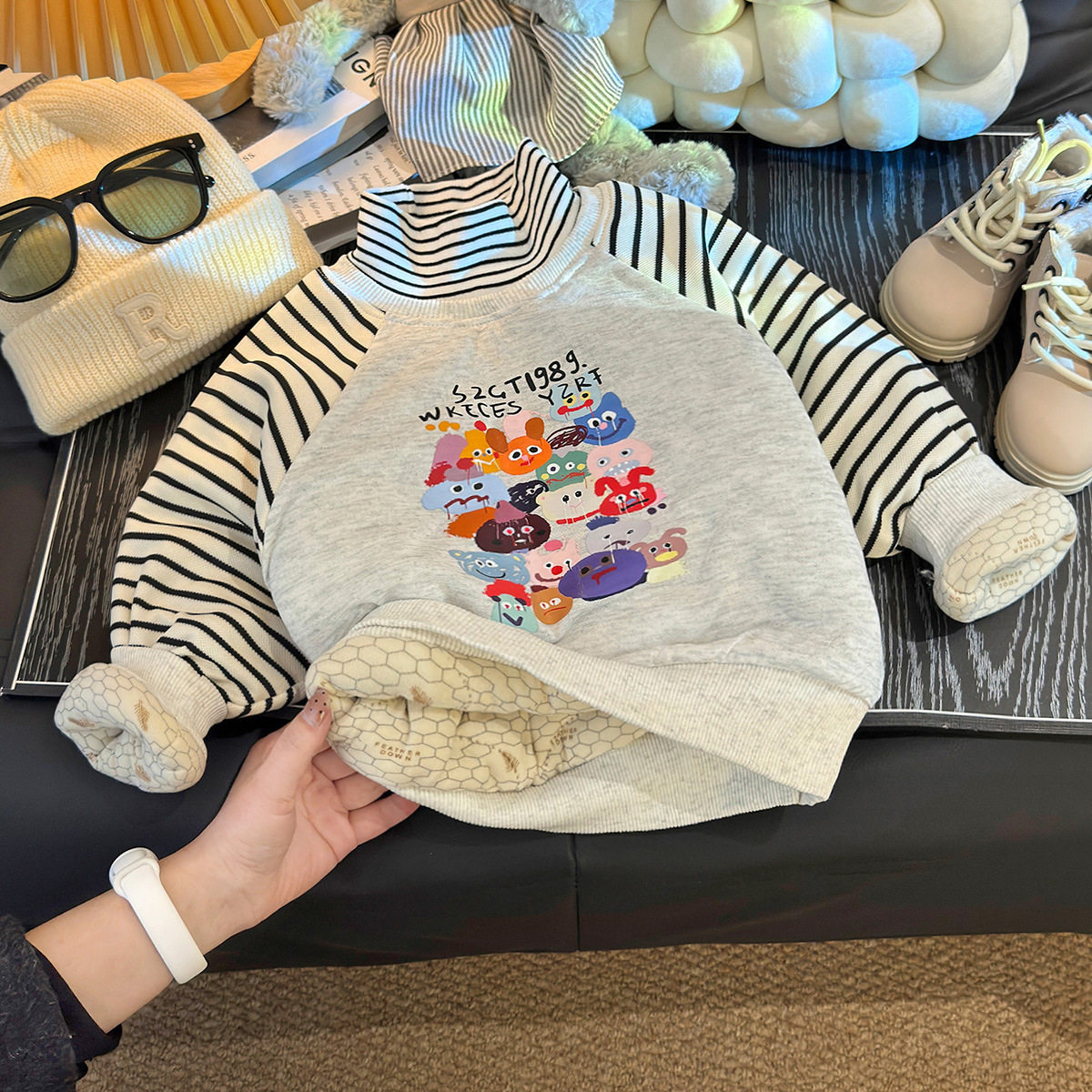 Children's Padded Thickened Top, New Winter Style, Boys & Girls Thermal Casual Striped Half-Turtleneck Undershirt