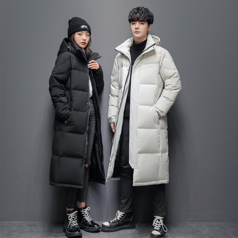 Winter New Men's and Women's Couples Down Jacket Casual Long Over-the-knee Hat Thickened All-match White Duck Down Jacket