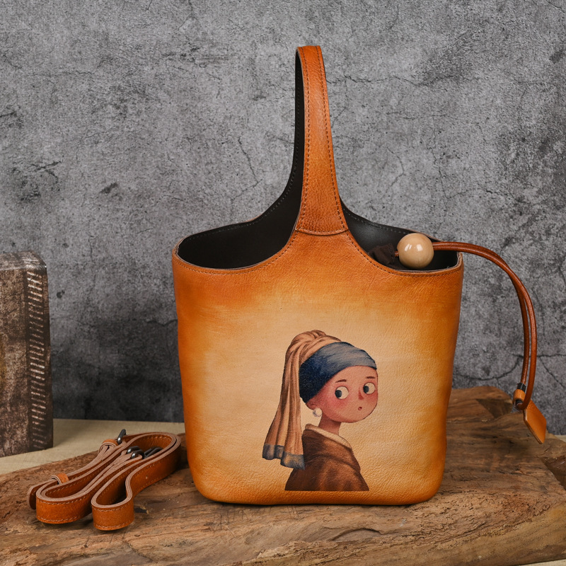 Túi xách nữ da bò thật dáng bucket thủ công vân in cổ điển — Nâu cổ điển, Vàng cổ điển, Xanh lá cổ điển
