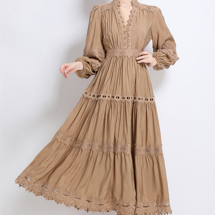 Vintage Court Style Puff Sleeve Dress Hollow Out Lace Cross Neck Design Elegant Long Dress for Autumn Wholesale