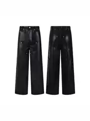 Trendy Korean Street Hip-Hop Style Straight Loose Unisex Button Leather Pants