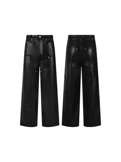 Trendy Korean Street Hip-Hop Style Straight Loose Unisex Button Leather Pants