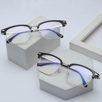 New Trendy Men's Business Eyebrow Half Frame Glasses Frame Retro Box Anti-Blue Light Flat Mirror with Short Vision Frame