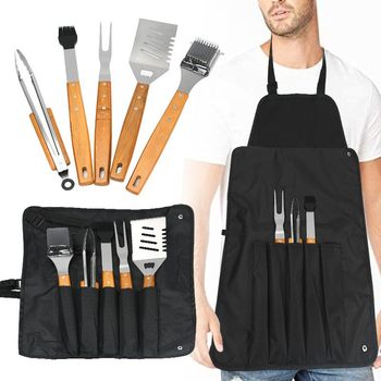 Stainless Steel Barbecue Tools Set with Wooden Handle Knife, Spatula, Fork, Tongs for Cooking at Home and Outdoors