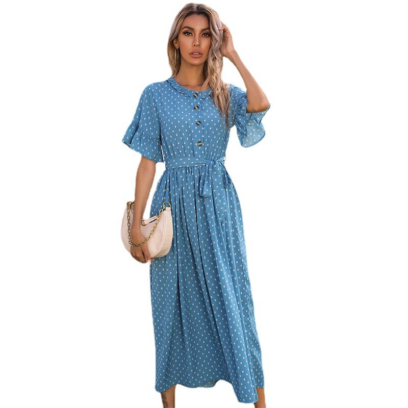 Floral Print Ruffle Sleeve Dress Round Neck Black Polka Dot Summer Style Wholesale Available