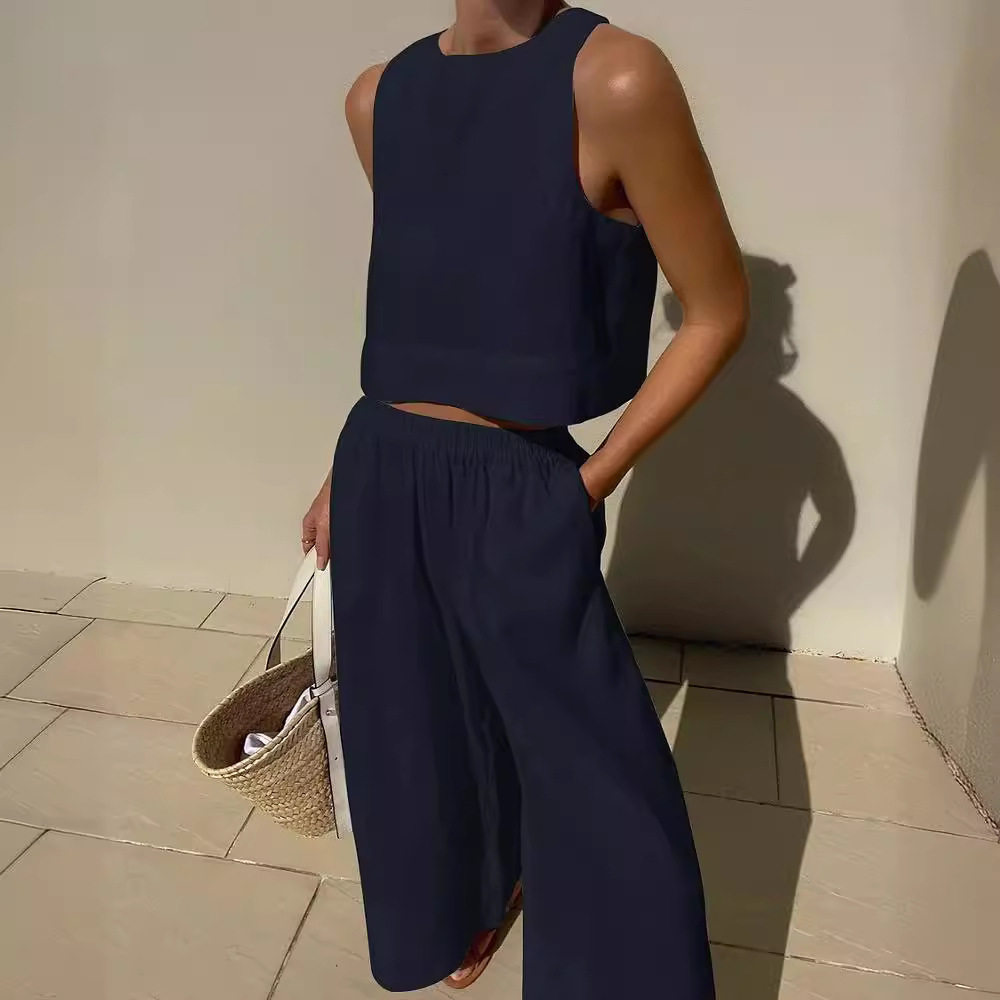 2023 Cross-Border Amazon New Casual European and American Large Size Suit Loose Pure Color Sleeveless Shirt and Pants Two-Piece Set