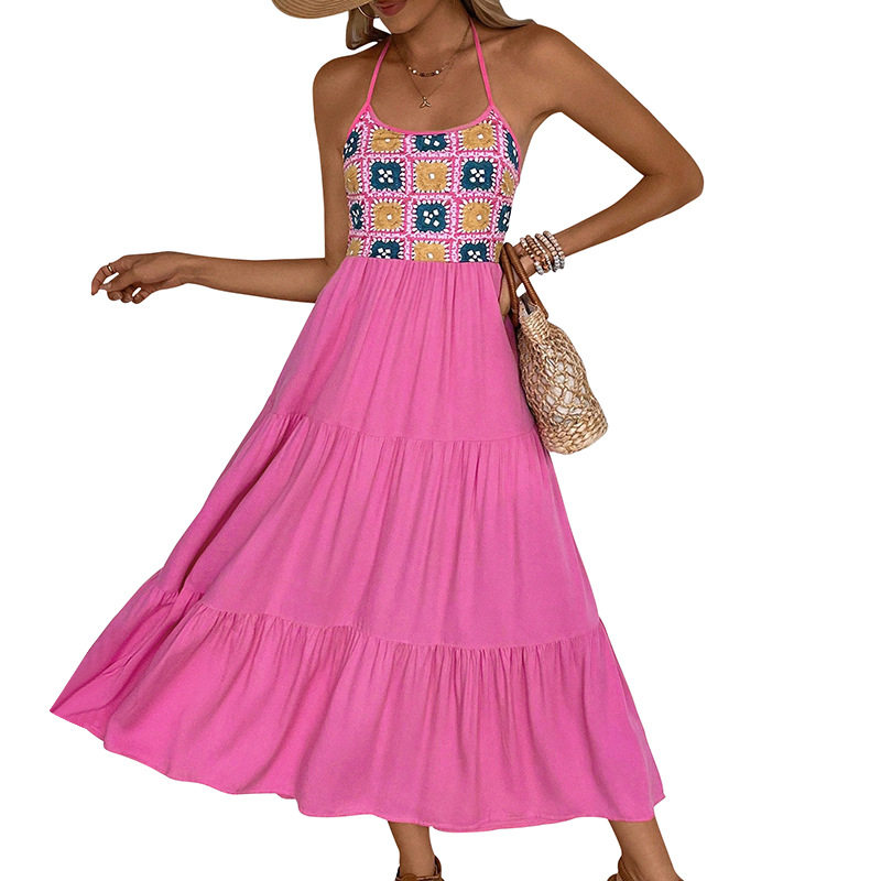 Sweet Pink Halter Neck Dress Color Block Design Beach Vacation Style Perfect for Summer Getaways Wholesale Available