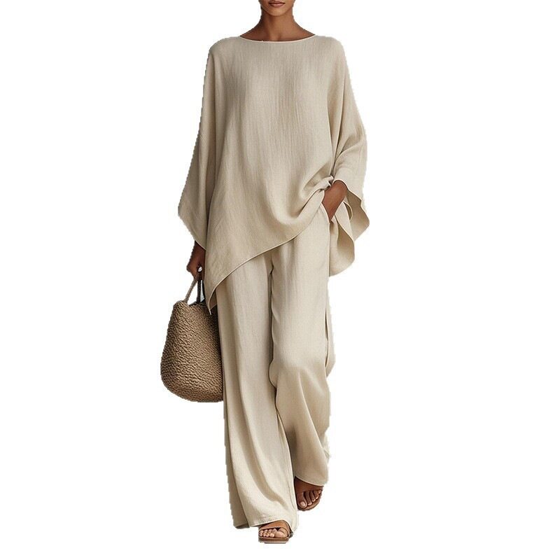 Spring Womens Fashion Set Loose Fit Solid Color Batwing Sleeve Wide Leg Pants Casual Wear Wholesale Available