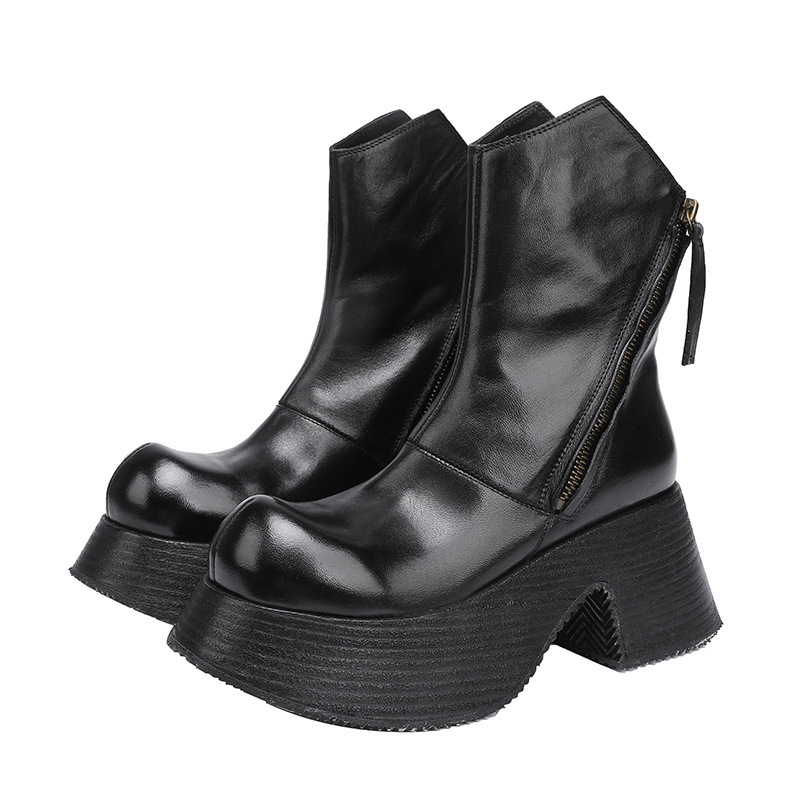 Boot nữ cổ thấp da ngựa thật gót thô khóa kéo bên — Màu cà phê, Màu đen