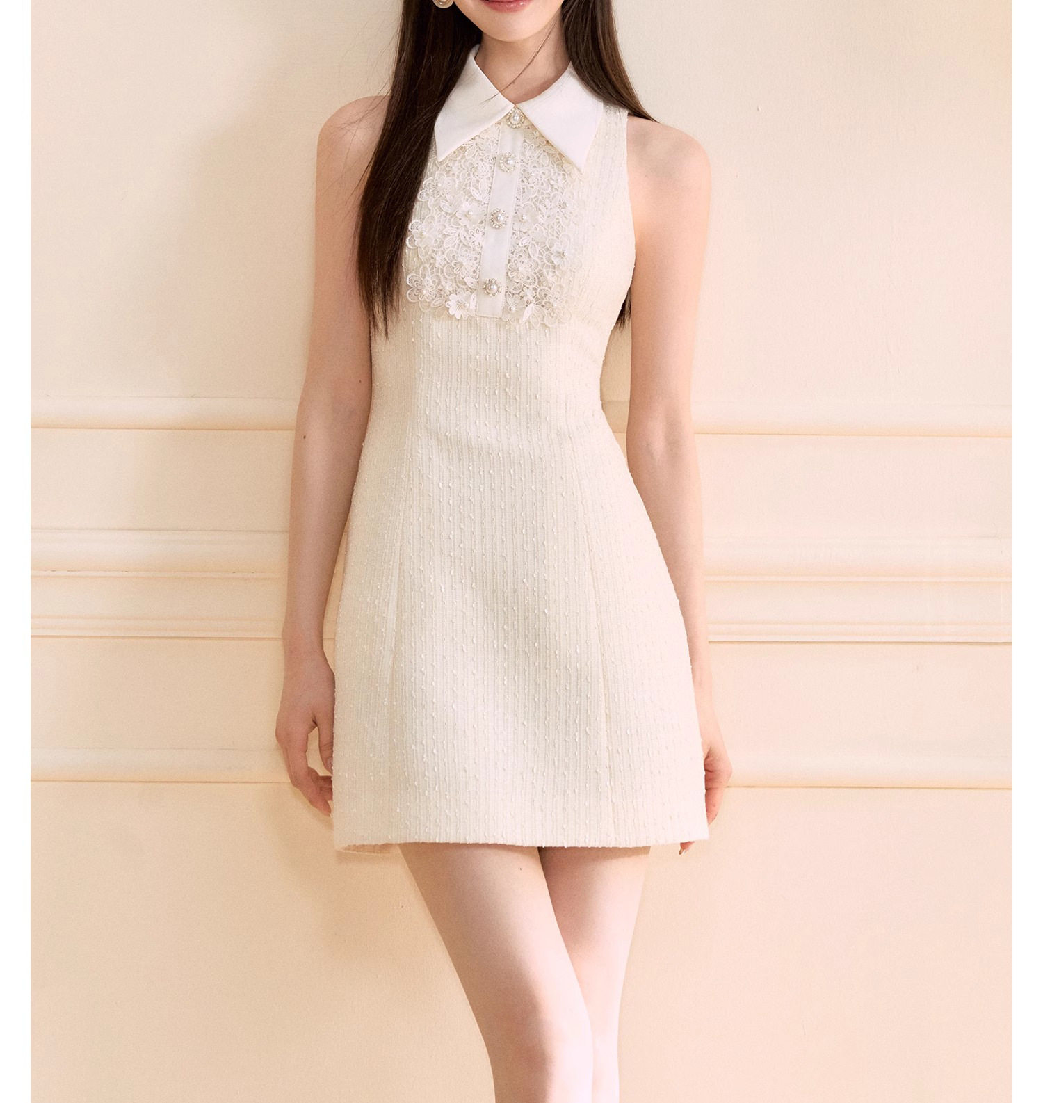 Đầm maxi nữ thắt eo ren không tay cổ polo A-line — Xăng-đan chi tiết 3