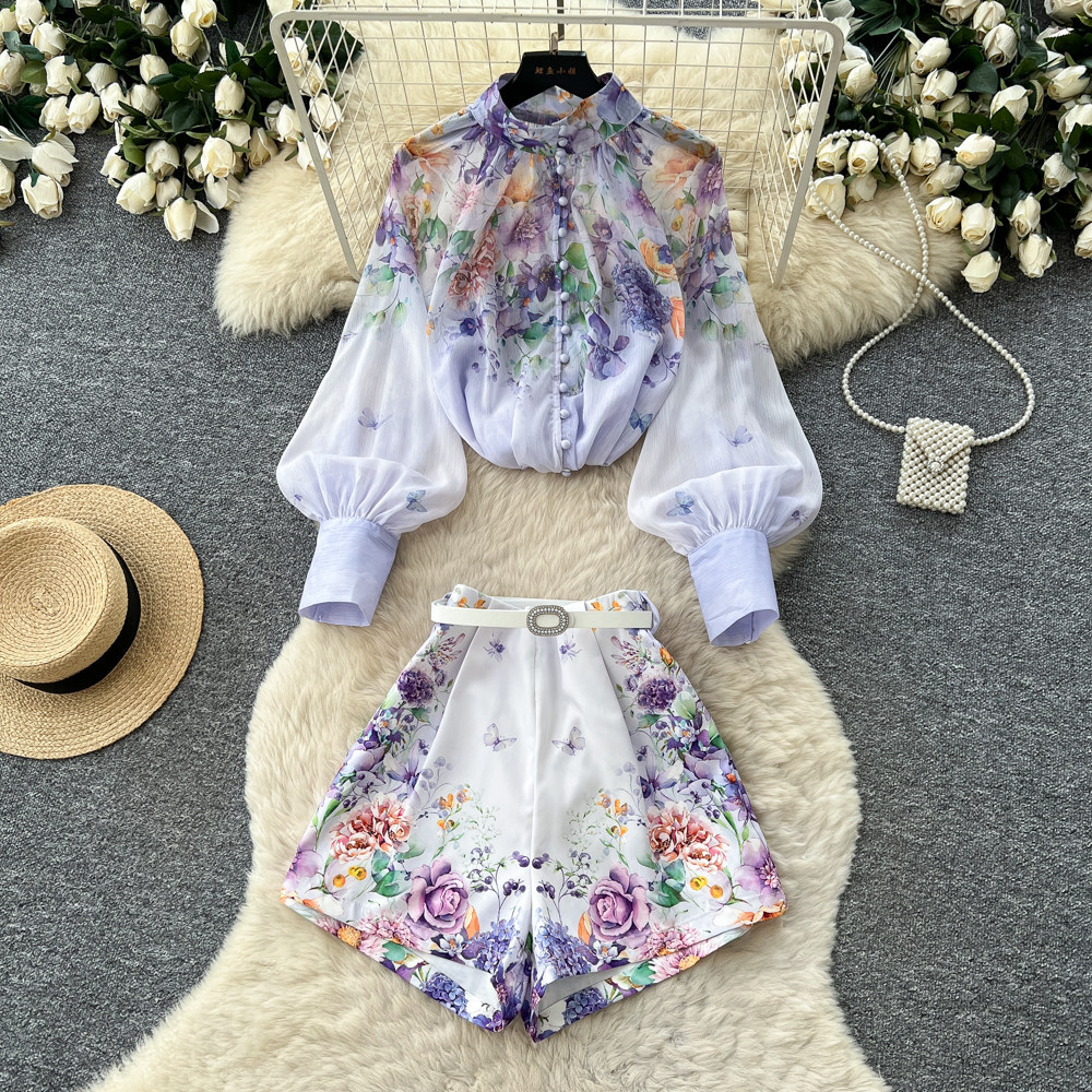 Fashion Floral Print Two Piece Set Lantern Sleeve Top Stand Collar High Waisted Shorts Office Wear Casual Style
