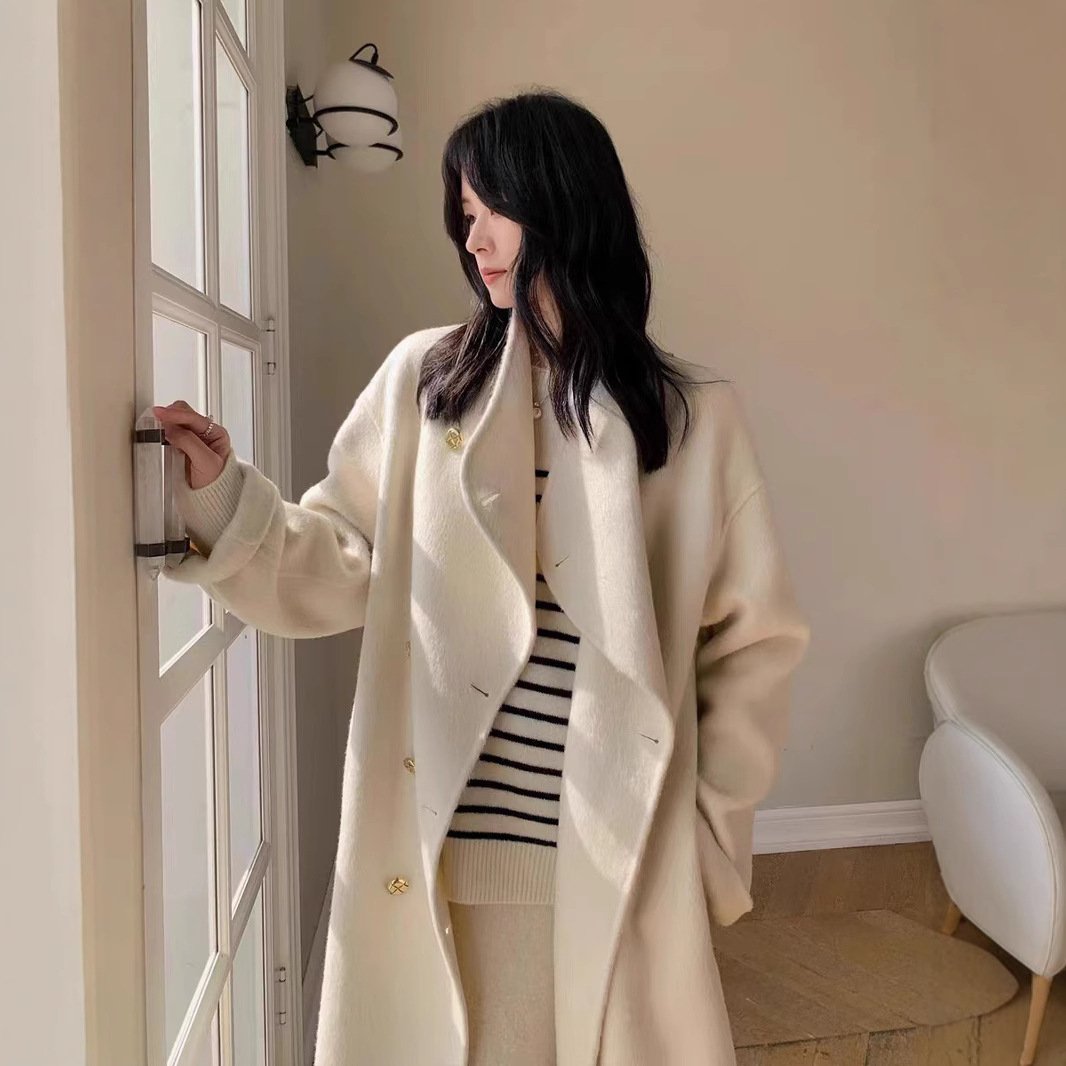 Vertical Collar Double-breasted High-grade Wool Coat Double-sided Nepal Fashion Korean Style Autumn and Winter New Long Women's Coat